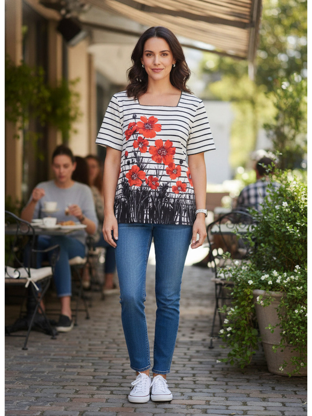 092 Alfred Dunner Petite Striped Floral Print T-Shirt Size S